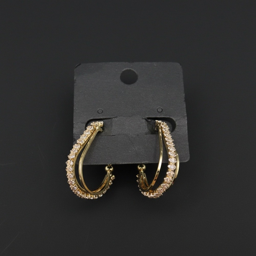 Gold Tone Rhinestone RS Oval Hoop Triple Row Multi Strand Post Earrings NEW